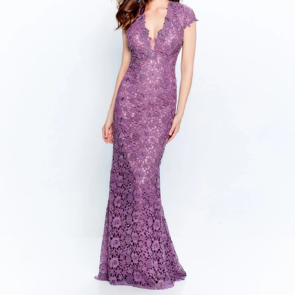 Romance Plum Beaded Lace Evening Gown with Train